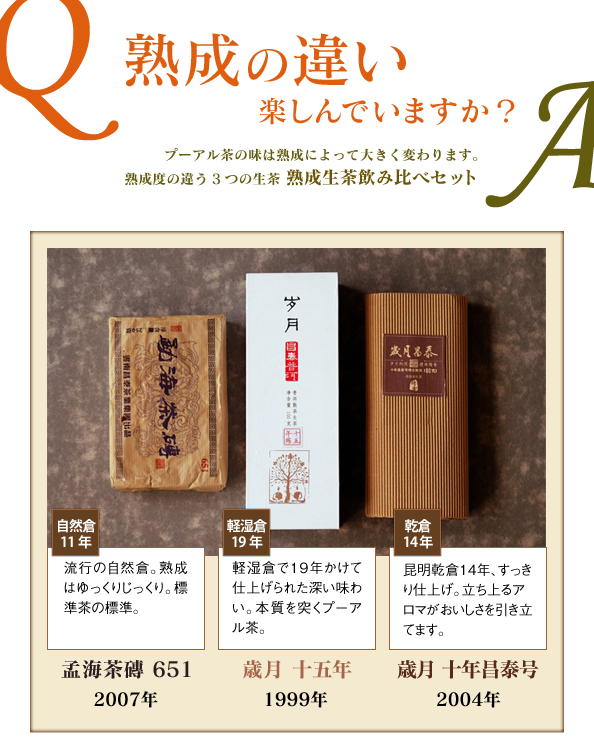 プーアル茶熟成飲み比べセット:「本物の熟成」
プーアル茶の長い歴史の中で、ゆっくりと育てられてきた伝統。
本物の茶倉で育てられて熟成の風味、そして本物のプーアル茶のおいしさをお試あれ。11年、14年、19年。ときの長さとともに熟成されるプーアル茶。熟成と聞いても実際にその違いを体感した人は少ないのではないでしょうか。このプーアル茶のセットはプロの茶倉でじっくりと熟成させた本物のプーアル茶達です。プーアル茶の新図への第一歩。
